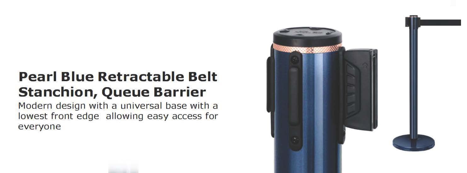 Pearl Blue Retractable Belt Stanchion, Queue Barrier description image